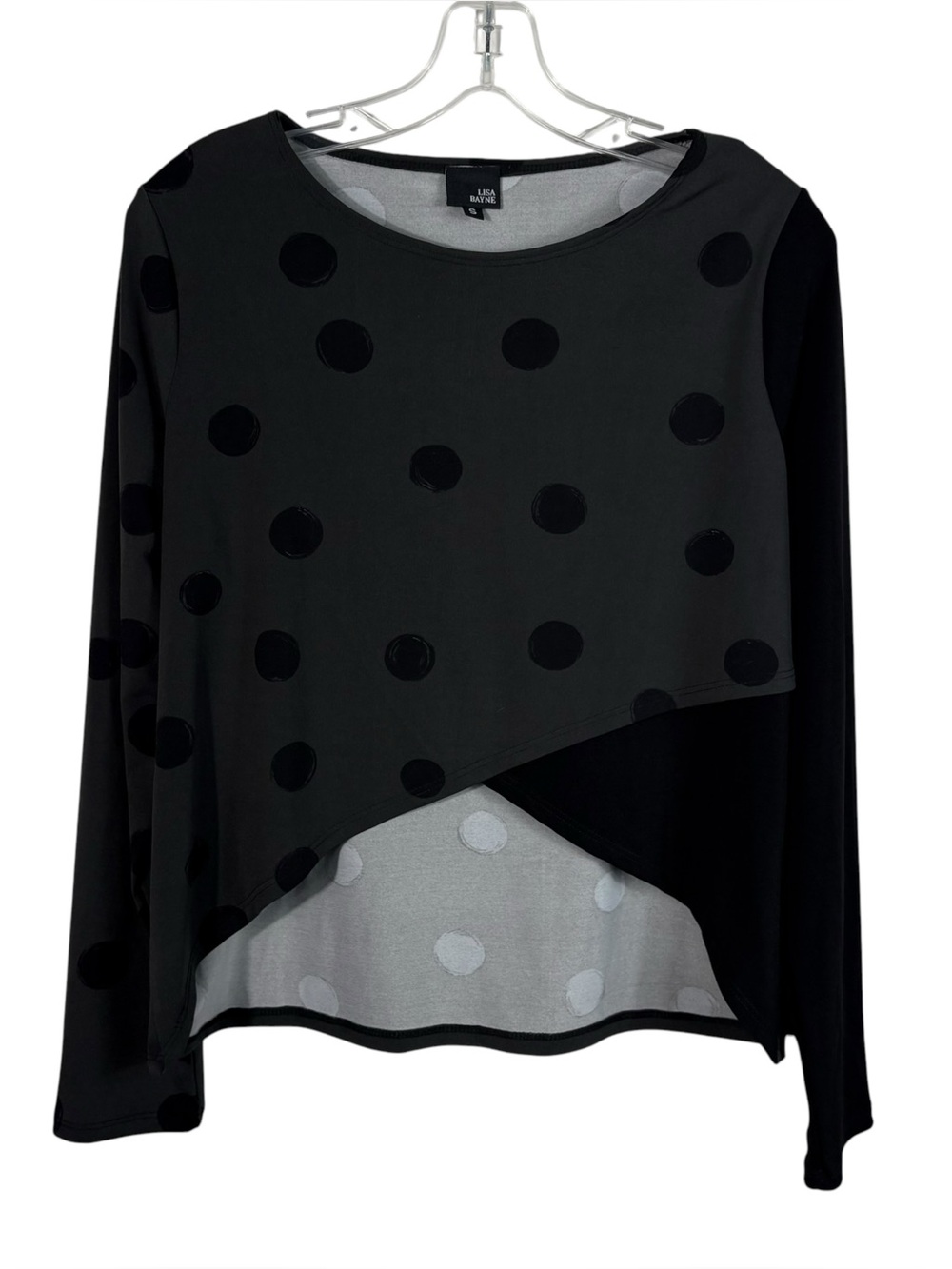 Lisa Bayne Black Gray Polka Dot Asymmetrical Hem Art Deco Stretch Knit Top Small